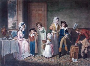 Zwarte maandag, of Het vertrek naar school, gegraveerd door John Jones (c.1745-97), uitgegeven door W. Bigg, 1790 (kleurgravure)